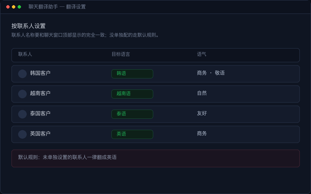 翻译设置页:为某个联系人单独配置目标语言与语气